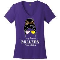 Busy Raising Ballers Mom Of Both Baseball Softball Messy Bun Sticker Features De Women's V-Neck T-Shirt