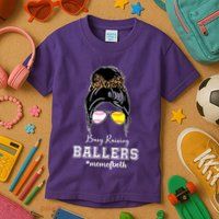 Busy Raising Ballers Mom Of Both Baseball Softball Messy Bun Sticker Features De Kids T-Shirt