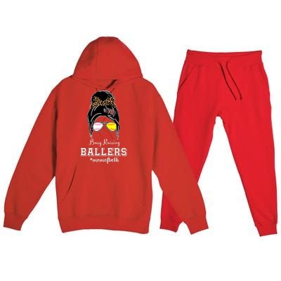 Busy Raising Ballers Mom Of Both Baseball Softball Messy Bun Sticker Features De Premium Hooded Sweatsuit Set