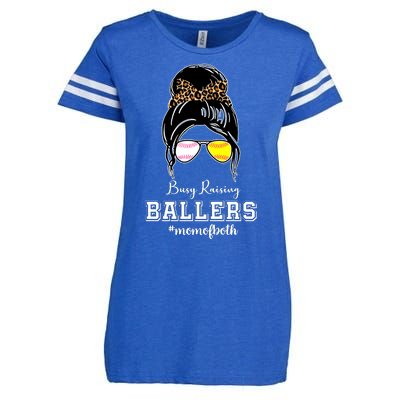 Busy Raising Ballers Mom Of Both Baseball Softball Messy Bun Sticker Features De Enza Ladies Jersey Football T-Shirt