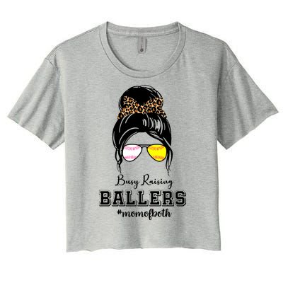 Busy Raising Ballers Mom Of Both Baseball Softball Messy Bun Sticker Features De Women's Crop Top Tee