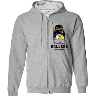 Busy Raising Ballers Mom Of Both Baseball Softball Messy Bun Sticker Features De Full Zip Hoodie