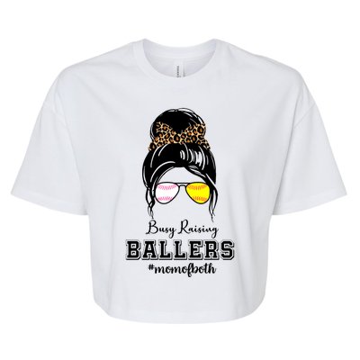 Busy Raising Ballers Mom Of Both Baseball Softball Messy Bun Sticker Features De Bella+Canvas Jersey Crop Tee