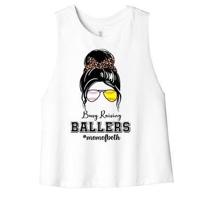 Busy Raising Ballers Mom Of Both Baseball Softball Messy Bun Sticker Features De Women's Racerback Cropped Tank