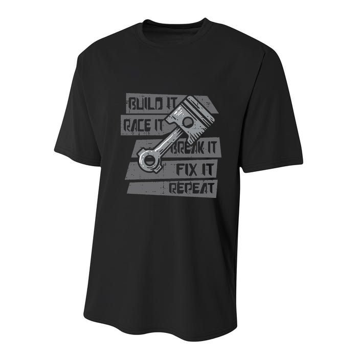 Build Race Break Fix It Repeat Auto Mechanic Youth Performance Sprint T-Shirt
