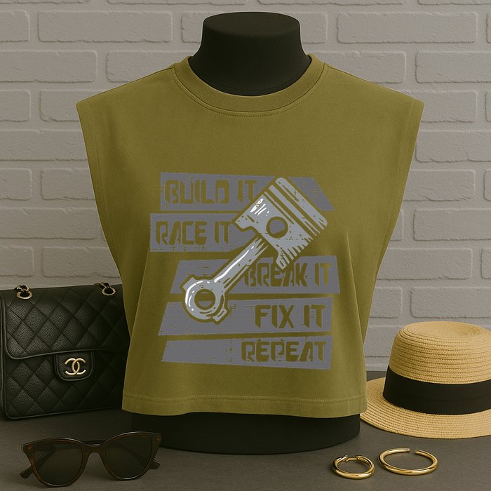 Build Race Break Fix It Repeat Auto Mechanic Garment-Dyed Women's Muscle Tee