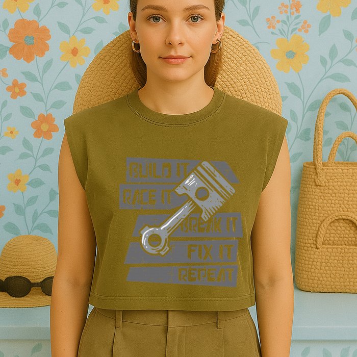 Build Race Break Fix It Repeat Auto Mechanic Garment-Dyed Women's Muscle Tee