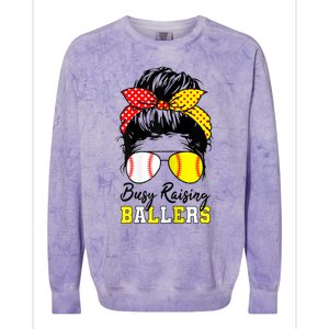 Busy Raising Ballers Funny Baseball Softball Messy Bun Mom Gift Colorblast Crewneck Sweatshirt