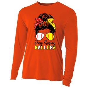 Busy Raising Ballers Funny Baseball Softball Messy Bun Mom Gift Cooling Performance Long Sleeve Crew