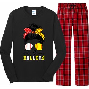 Busy Raising Ballers Funny Baseball Softball Messy Bun Mom Gift Long Sleeve Pajama Set