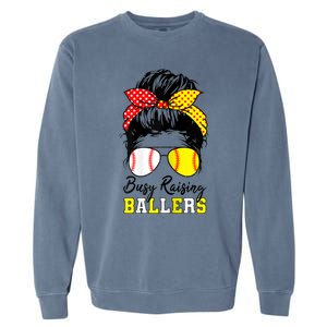 Busy Raising Ballers Funny Baseball Softball Messy Bun Mom Gift Garment-Dyed Sweatshirt