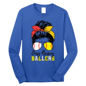 Busy Raising Ballers Funny Baseball Softball Messy Bun Mom Gift Long Sleeve Shirt