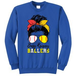 Busy Raising Ballers Funny Baseball Softball Messy Bun Mom Gift Sweatshirt