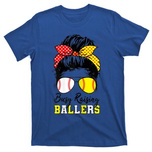 Busy Raising Ballers Funny Baseball Softball Messy Bun Mom Gift T-Shirt