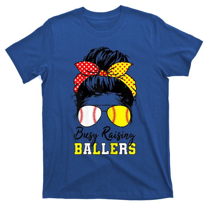 Busy Raising Ballers Funny Baseball Softball Messy Bun Mom Gift T-Shirt