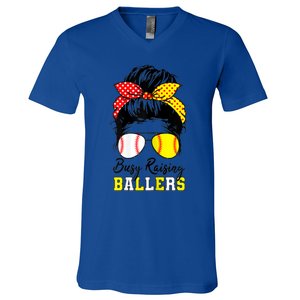 Busy Raising Ballers Funny Baseball Softball Messy Bun Mom Gift V-Neck T-Shirt