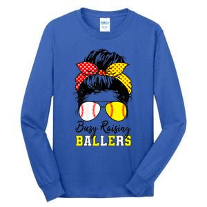 Busy Raising Ballers Funny Baseball Softball Messy Bun Mom Gift Tall Long Sleeve T-Shirt