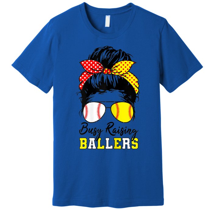 Busy Raising Ballers Funny Baseball Softball Messy Bun Mom Gift Premium T-Shirt