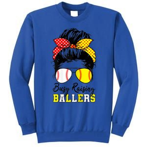 Busy Raising Ballers Funny Baseball Softball Messy Bun Mom Gift Tall Sweatshirt