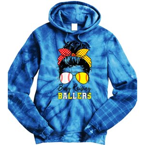 Busy Raising Ballers Funny Baseball Softball Messy Bun Mom Gift Tie Dye Hoodie