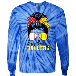 Busy Raising Ballers Funny Baseball Softball Messy Bun Mom Gift Tie-Dye Long Sleeve Shirt