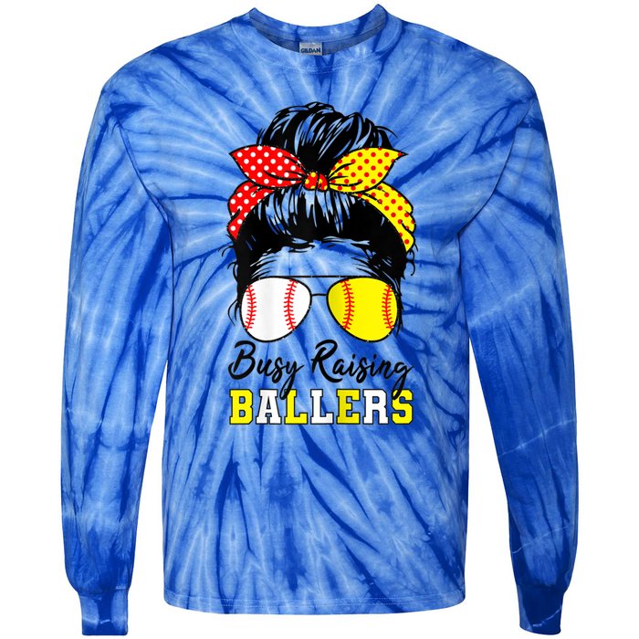 Busy Raising Ballers Funny Baseball Softball Messy Bun Mom Gift Tie-Dye Long Sleeve Shirt