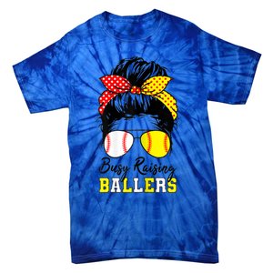 Busy Raising Ballers Funny Baseball Softball Messy Bun Mom Gift Tie-Dye T-Shirt