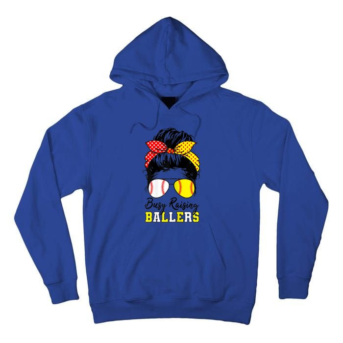 Busy Raising Ballers Funny Baseball Softball Messy Bun Mom Gift Tall Hoodie