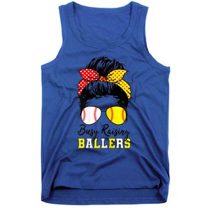 Busy Raising Ballers Funny Baseball Softball Messy Bun Mom Gift Tank Top