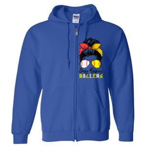 Busy Raising Ballers Funny Baseball Softball Messy Bun Mom Gift Full Zip Hoodie