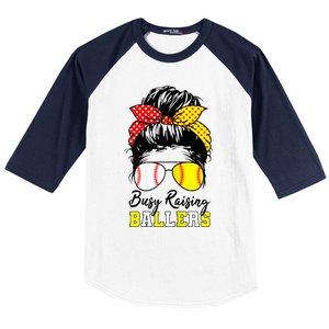 Busy Raising Ballers Funny Baseball Softball Messy Bun Mom Gift Baseball Sleeve Shirt