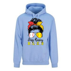 Busy Raising Ballers Funny Baseball Softball Messy Bun Mom Gift Unisex Surf Hoodie