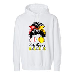 Busy Raising Ballers Funny Baseball Softball Messy Bun Mom Gift Garment-Dyed Fleece Hoodie