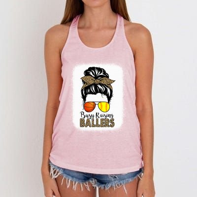 Busy Raising Ballers Softball And Basketball Mom Messy Bun Gift Women's Knotted Racerback Tank