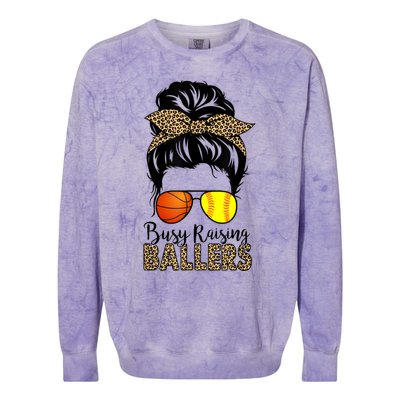 Busy Raising Ballers Softball And Basketball Mom Messy Bun Gift Colorblast Crewneck Sweatshirt