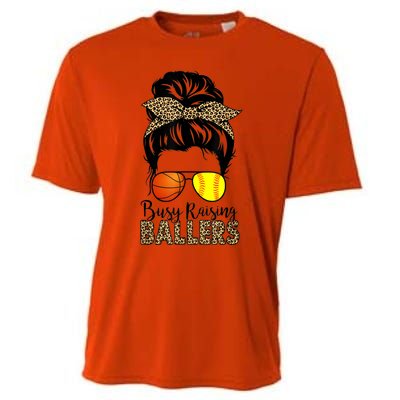 Busy Raising Ballers Softball And Basketball Mom Messy Bun Gift Cooling Performance Crew T-Shirt