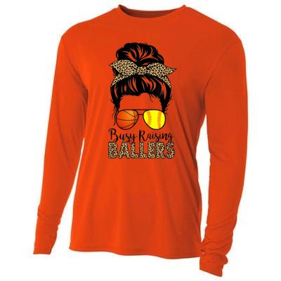 Busy Raising Ballers Softball And Basketball Mom Messy Bun Gift Cooling Performance Long Sleeve Crew