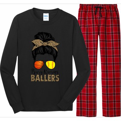 Busy Raising Ballers Softball And Basketball Mom Messy Bun Gift Long Sleeve Pajama Set