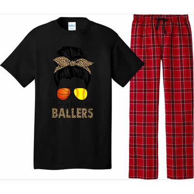 Busy Raising Ballers Softball And Basketball Mom Messy Bun Gift Pajama Set