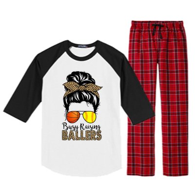 Busy Raising Ballers Softball And Basketball Mom Messy Bun Gift Raglan Sleeve Pajama Set