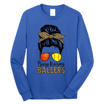 Busy Raising Ballers Softball And Basketball Mom Messy Bun Gift Long Sleeve Shirt