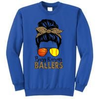 Busy Raising Ballers Softball And Basketball Mom Messy Bun Gift Sweatshirt