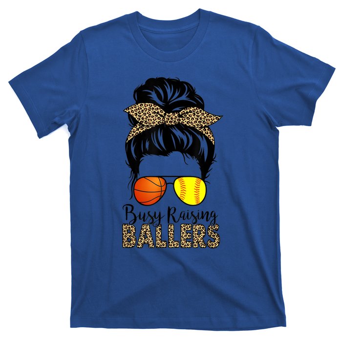 Busy Raising Ballers Softball And Basketball Mom Messy Bun Gift T-Shirt