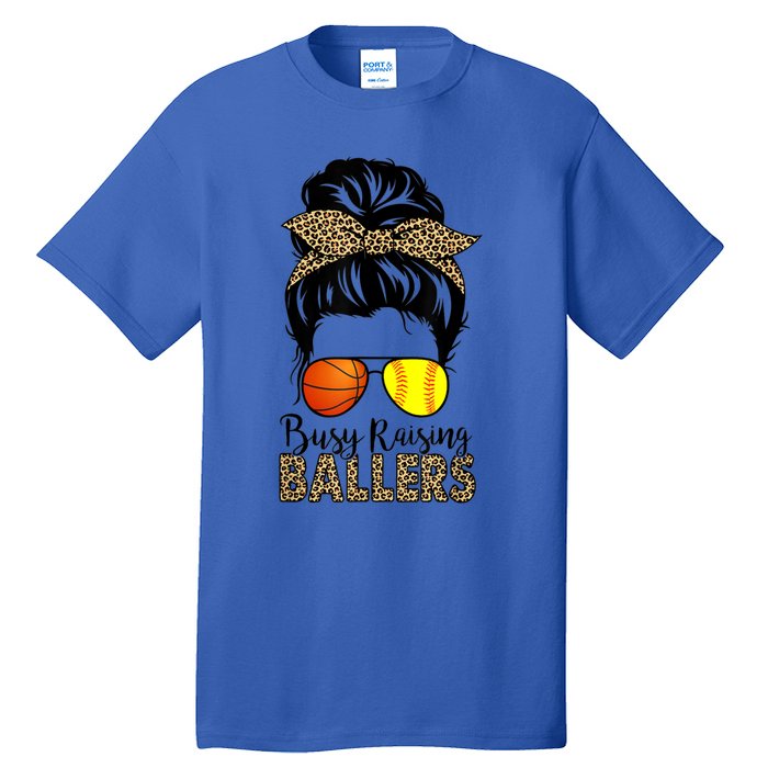 Busy Raising Ballers Softball And Basketball Mom Messy Bun Gift Tall T-Shirt