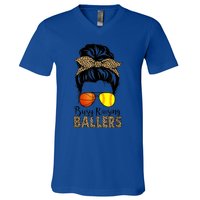 Busy Raising Ballers Softball And Basketball Mom Messy Bun Gift V-Neck T-Shirt