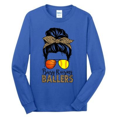 Busy Raising Ballers Softball And Basketball Mom Messy Bun Gift Tall Long Sleeve T-Shirt