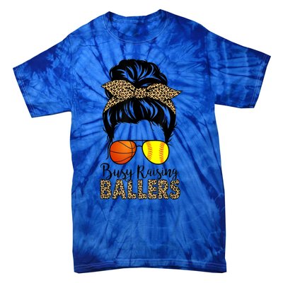 Busy Raising Ballers Softball And Basketball Mom Messy Bun Gift Tie-Dye T-Shirt