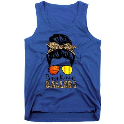 Busy Raising Ballers Softball And Basketball Mom Messy Bun Gift Tank Top