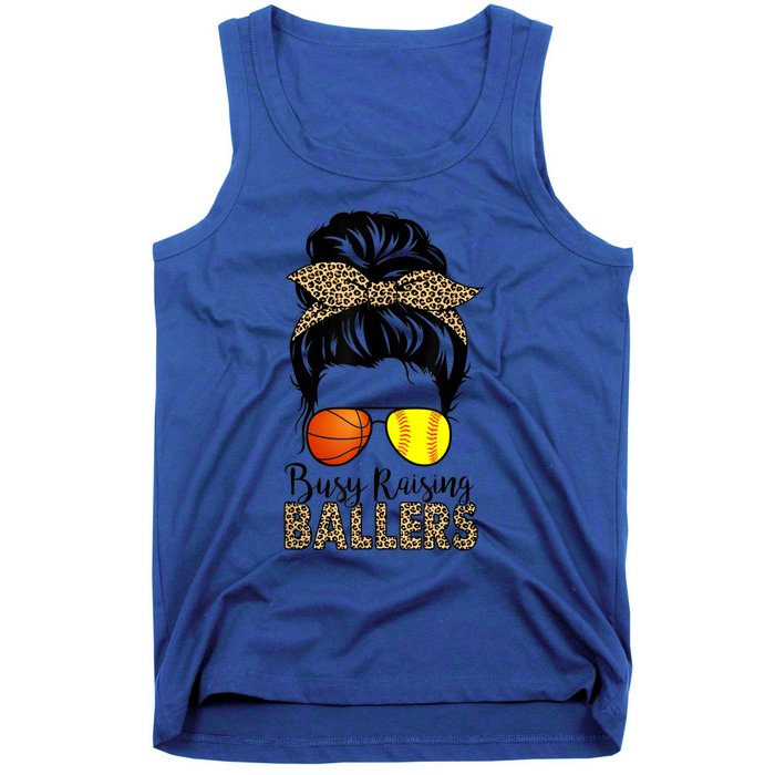 Busy Raising Ballers Softball And Basketball Mom Messy Bun Gift Tank Top