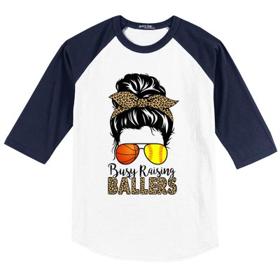 Busy Raising Ballers Softball And Basketball Mom Messy Bun Gift Baseball Sleeve Shirt